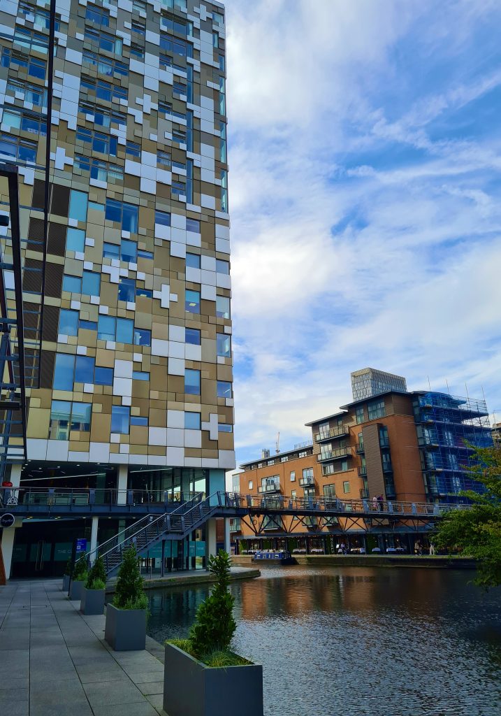 A building with a bridge over water